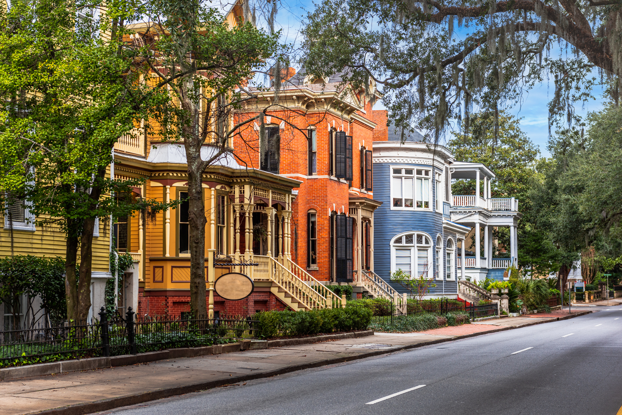 colorful buildings along historic downtown street in Savannah Georgia 