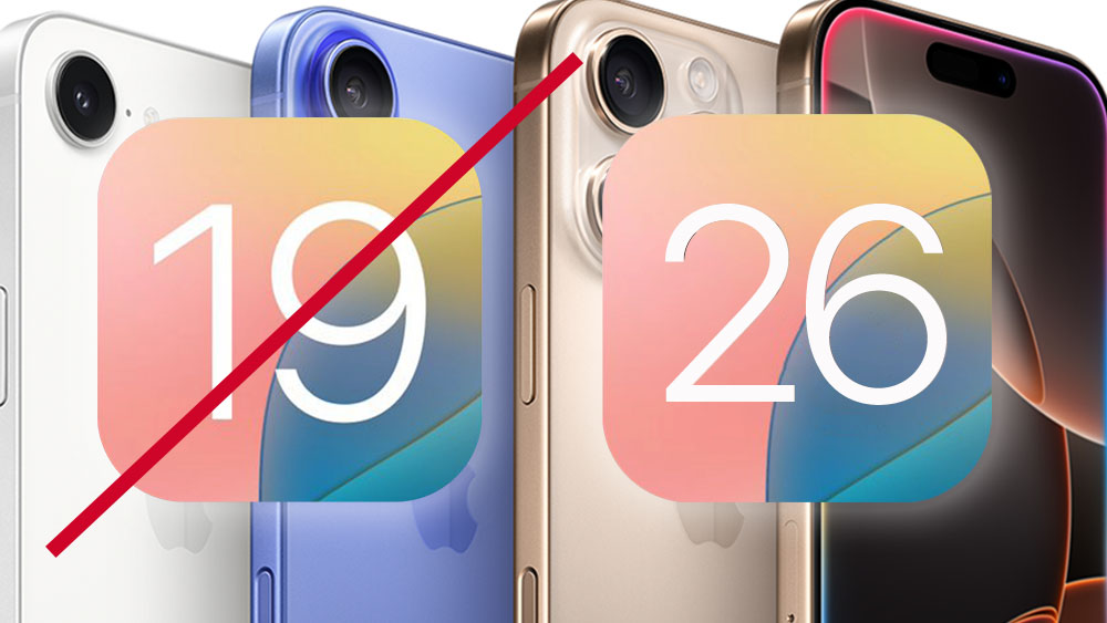 A mock up of what the iOS 19 or iOS 26 logo could look like after Apple's rumoured OS rebranding. There are four iPhones in the background