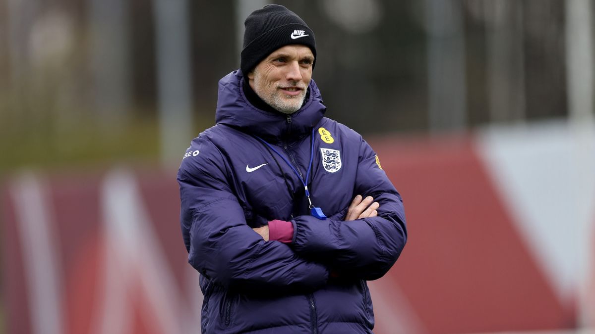 Thomas Tuchel, Head Coach of England, reacts during a training session at St George&#039;s Park on March 17, 2025 in Burton upon Trent, England.