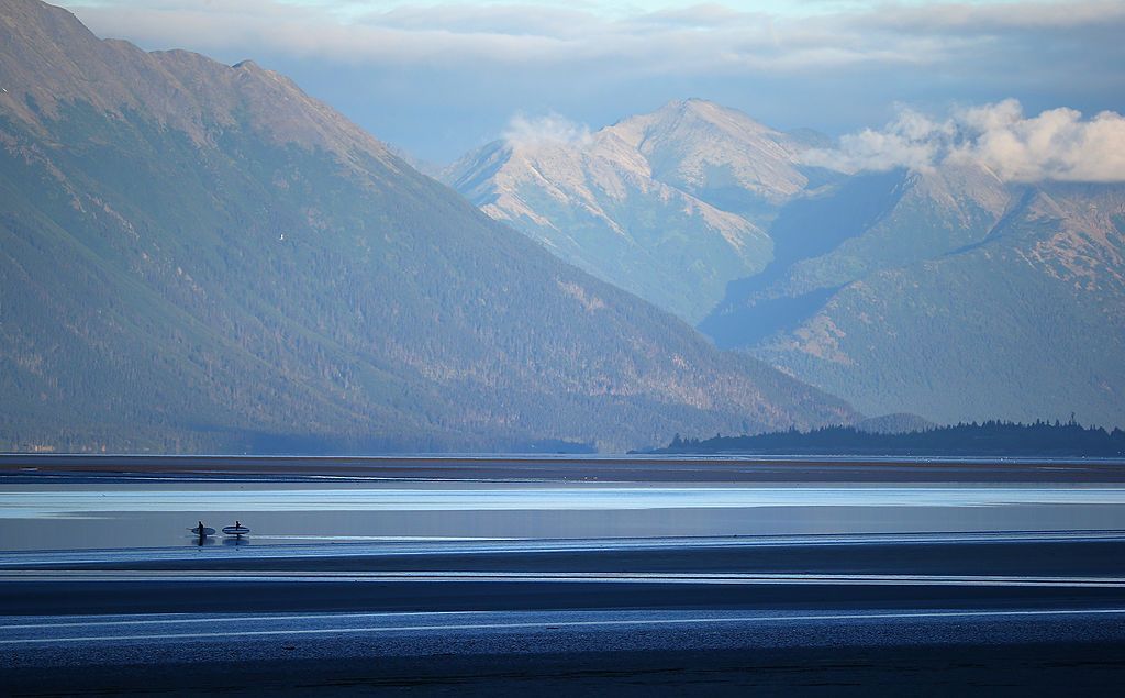 Bore tide surfers in Anchorage.