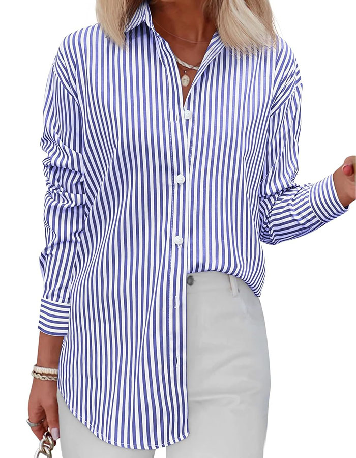 Diosun Womens Striped Button Down Shirts Classic Long Sleeve Stylish Collared Office Work Blouses Tops (large, Blue)