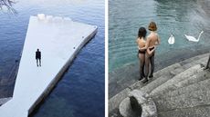 Person on jetty (left) and semi-nude models beside water (right), photographs from Juergen Teller ‘i need to live’ exhibition at Triennale Milano