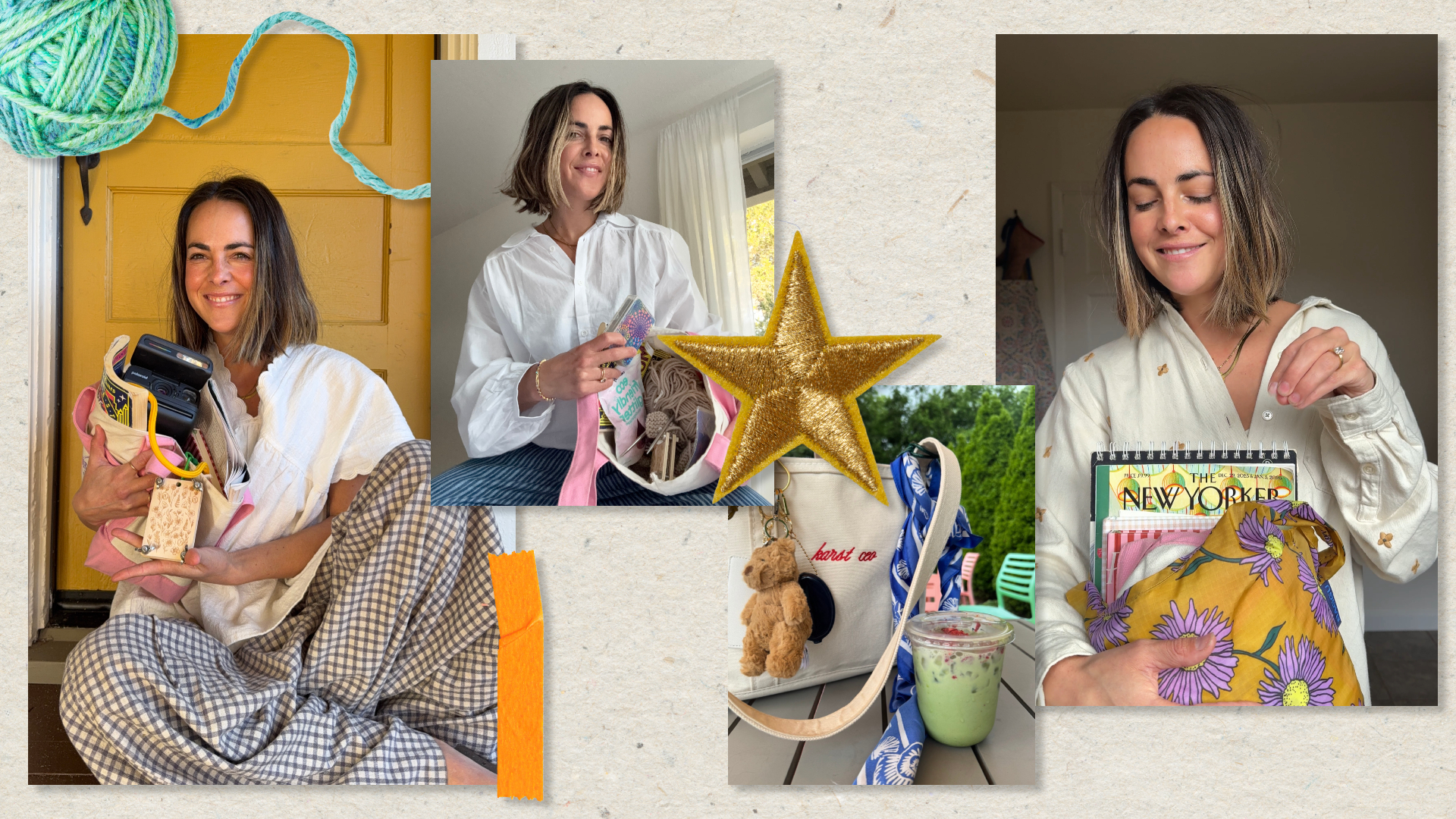 a collage of analog bags holding knitting needles, yarn and art supplies from Sierra Campbell and Emily Karst