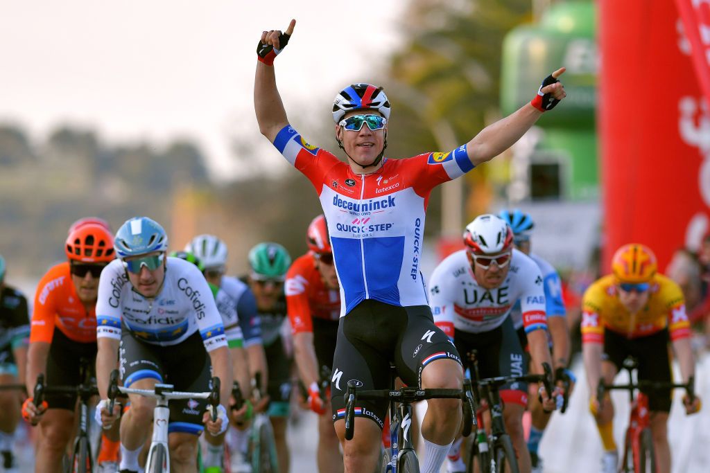 LAGOS PORTUGAL FEBRUARY 19 Arrival Fabio Jakobsen of The Netherlands and Team Deceuninck Quick Step Celebration Elia Viviani of Italy and Team Cofidis Matteo Trentin of Italy and CCC Team Alexander Kristoff of Norway and UAETeam Emirates during the 46th Volta ao Algarve 2020 Stage 1 a 1956km stage from Portimo to Lagos VAlgarve2020 on February 19 2020 in Lagos Portugal Photo by Tim de WaeleGetty Images