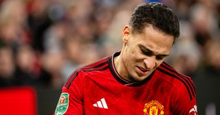 Manchester United winger Antony reacts during the Carabao Cup Fourth Round match between Manchester United and Newcastle United at Old Trafford on November 1, 2023 in Manchester, England.