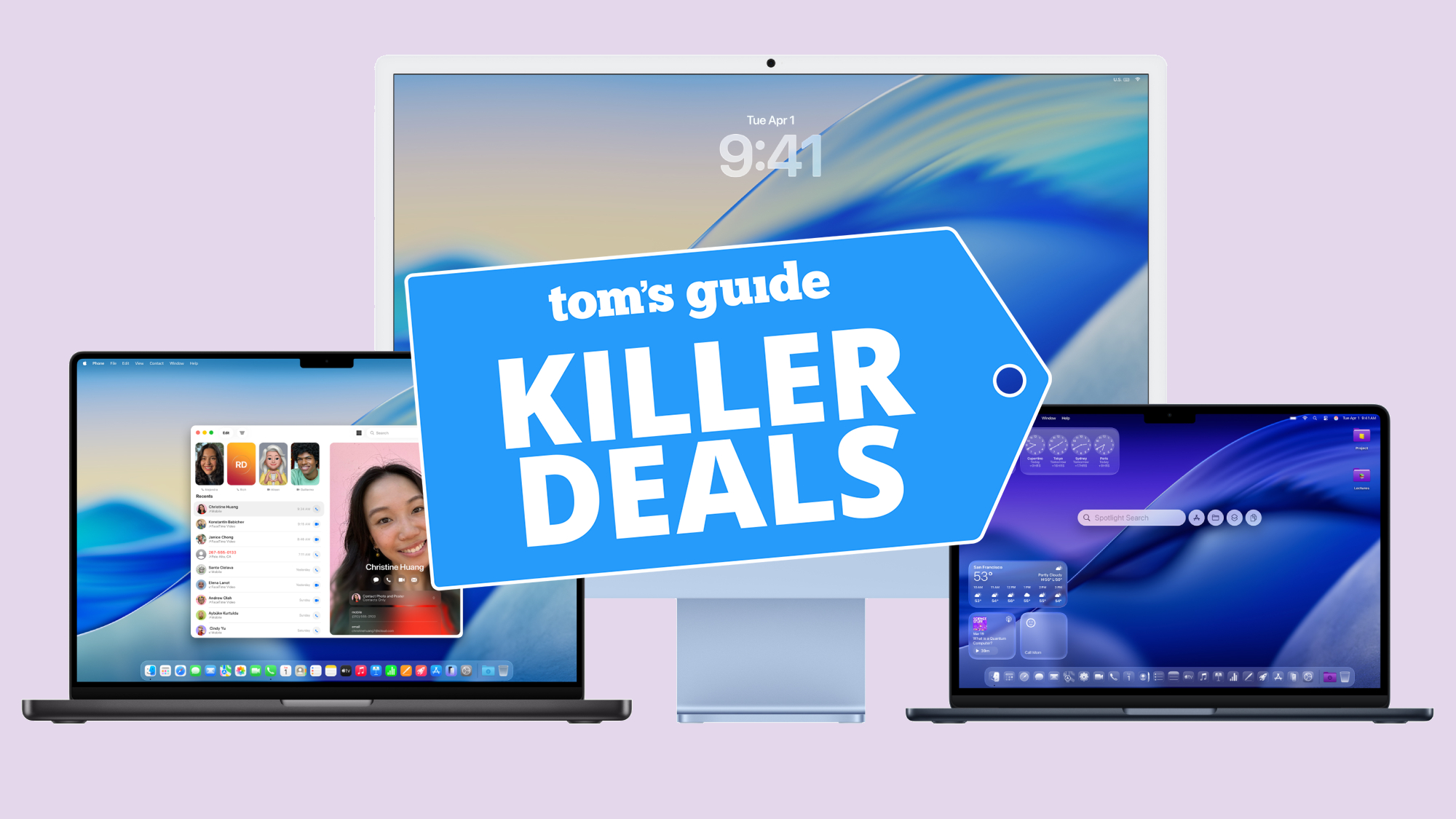 MacBook Airs and iMac against violet backdrop