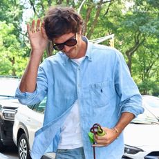 Jacob Elordi wears an Oxford shirt