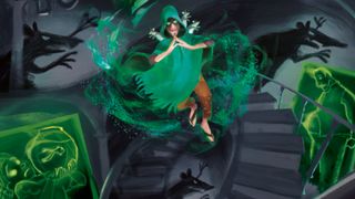 Disney Lorcana artwork of Bruno floating amongst eerie darkness, with green images of his prophies surrounding him