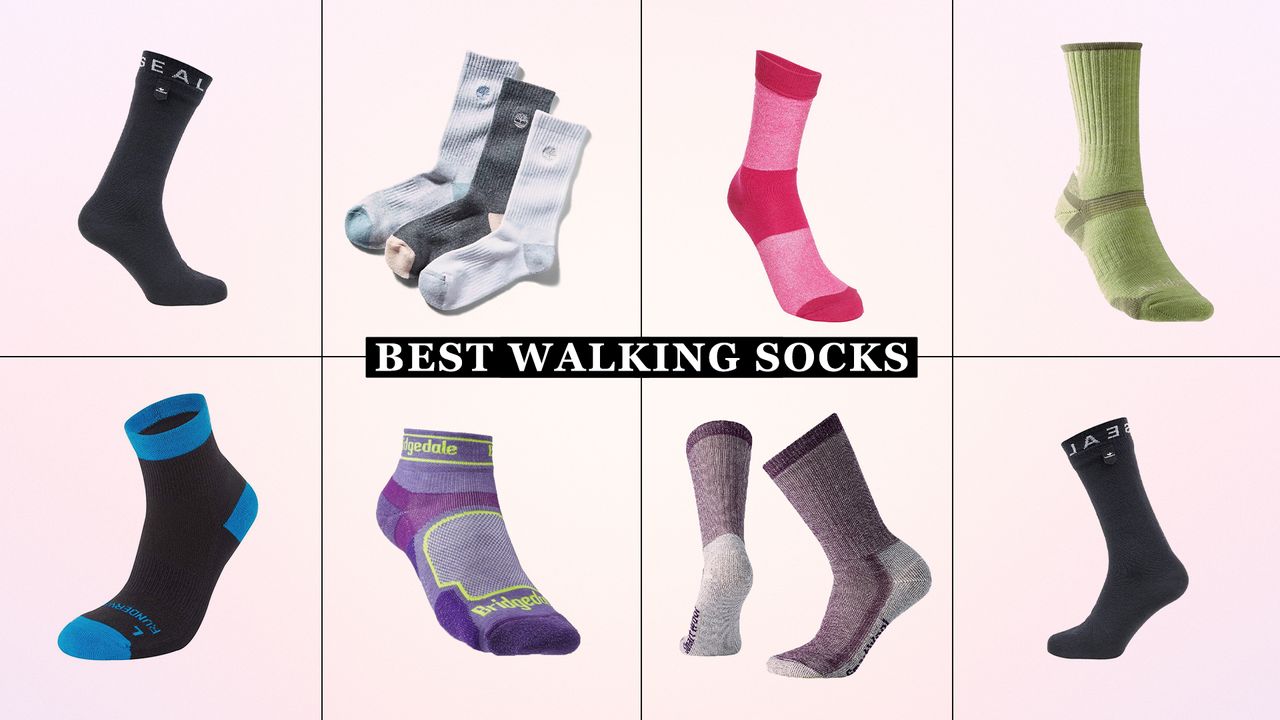 a collage of w&amp;h&#039;s best walking socks picks on a pink background