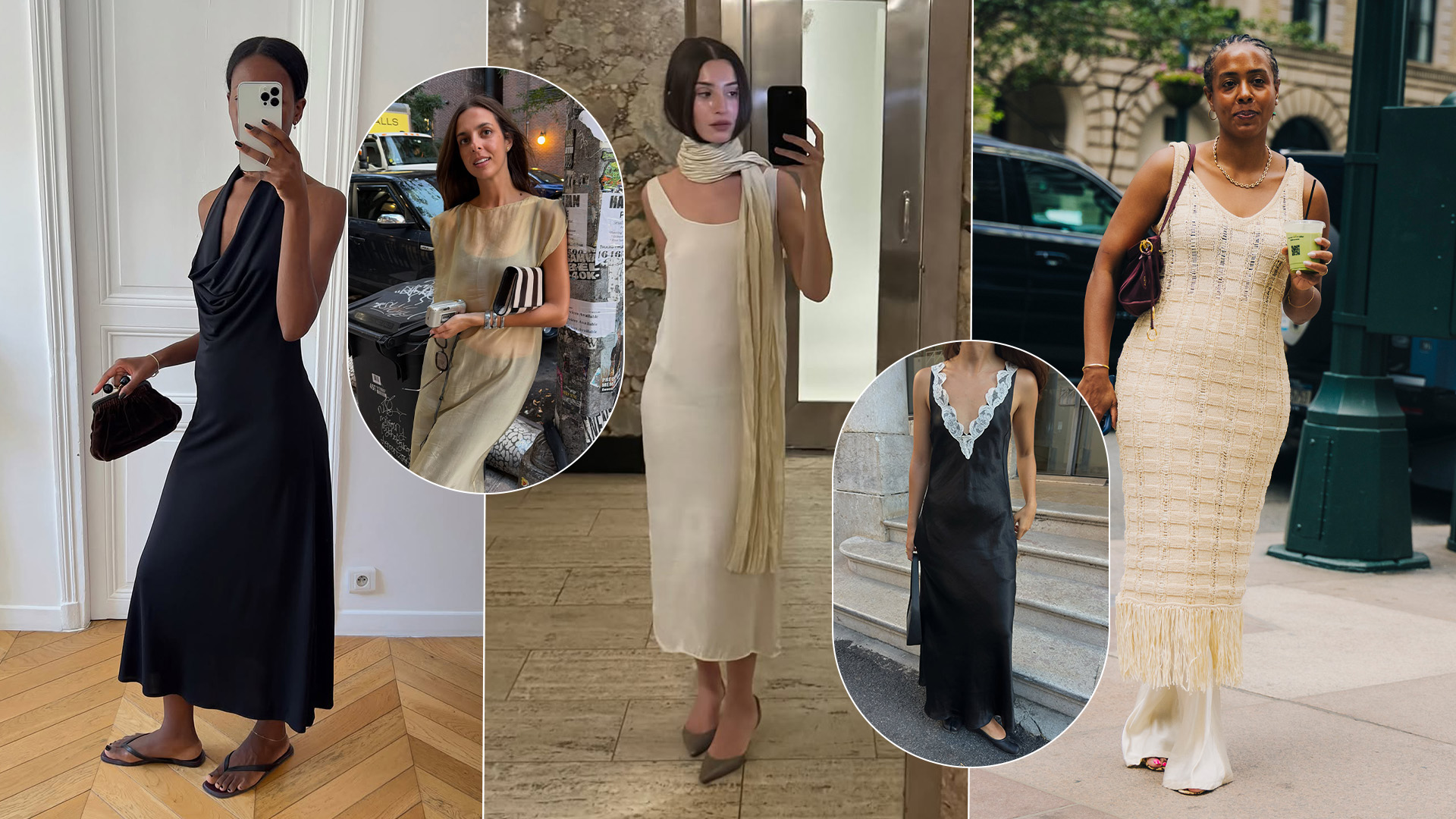 A collage of influencer and street style outfit images featuring the major dress trends of fall 2026.