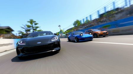 Forza Horizon 6 subarus and mazda racing side by side