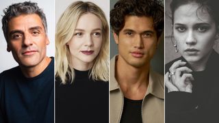 A 4-split image of Oscar Isaac, Carey Mulligan, Charles Melton, and Cailee Spaeny's headshots.