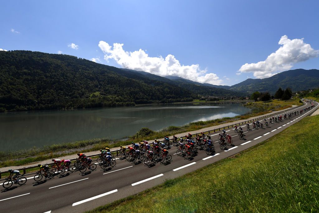 SAINT MARTIN DE BELLEVILLE FRANCE AUGUST 14 Peloton Lake Landscape during the 72nd Criterium du Dauphine 2020 Stage 3 a 157km stage from Corenc to Saint Martin de Belleville 1419m on August 14 2020 in Saint Martin de Belleville France Photo by Justin SetterfieldGetty Images