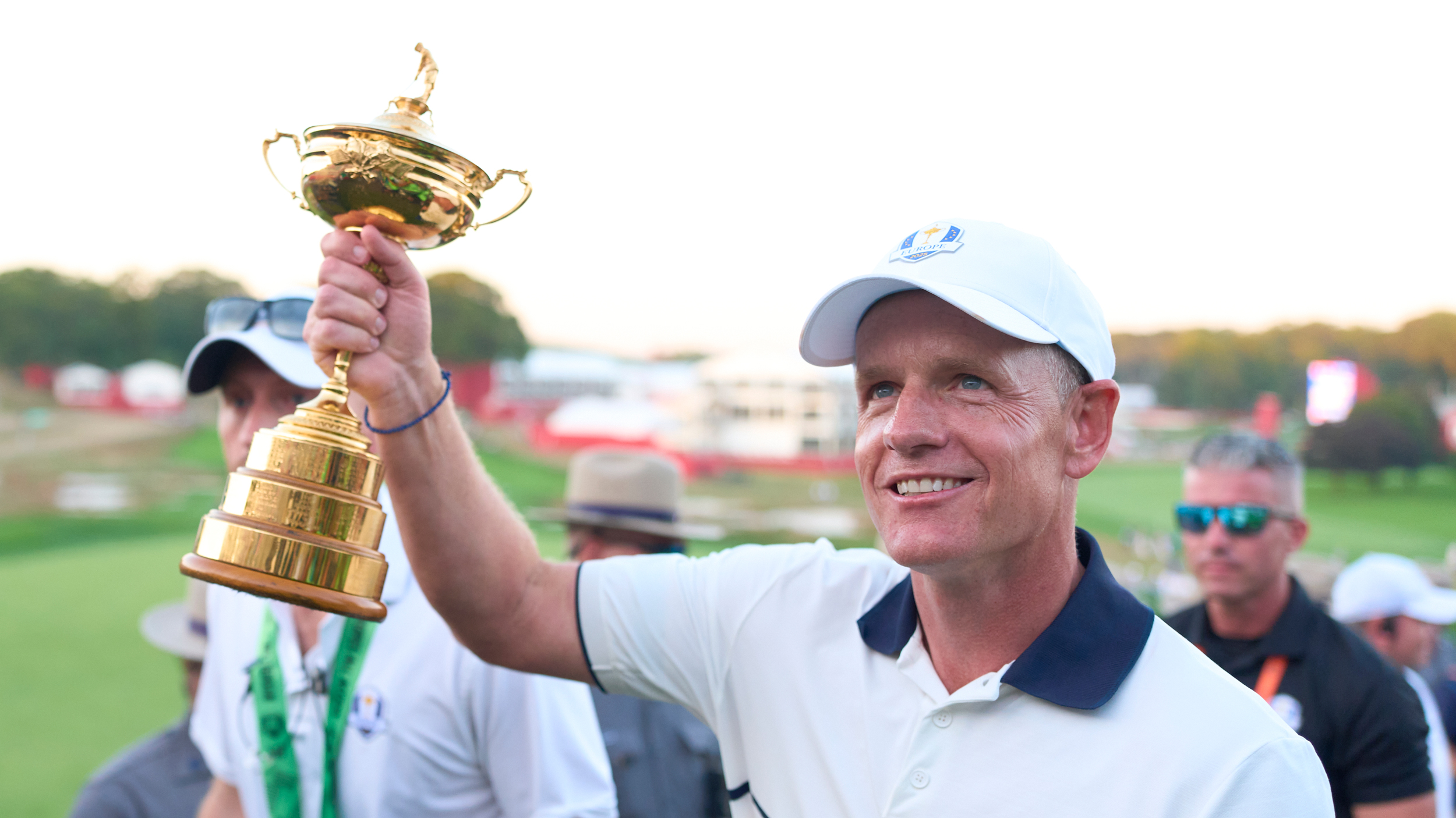 Luke Donald holds up the Ryder Cup at Bethpage Black in 2025 after leading Team Europe to success