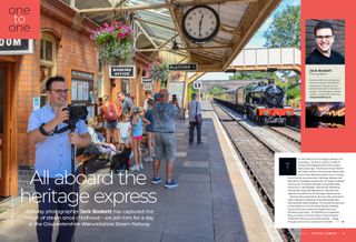 Opening two pages of the One to One pro masterclass article in Digital Camera issue 287, November 2024, about shooting steam railways with leading pro Jack Boskett