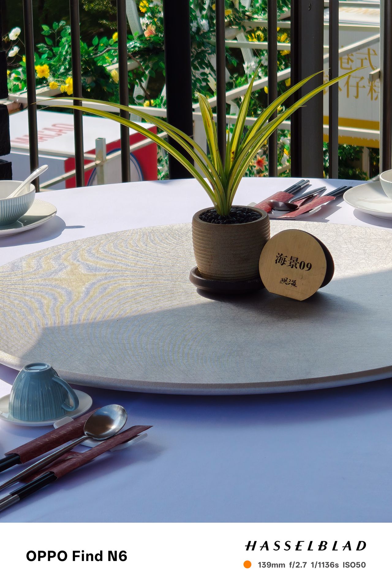A clean, high-angle shot of a white circular dining table. In the center is a small potted plant with long green and yellow striped leaves, next to a wooden disc marker with Chinese characters. Elegant blue teacups and silver spoons wrapped in dark red napkins are placed around the edge.