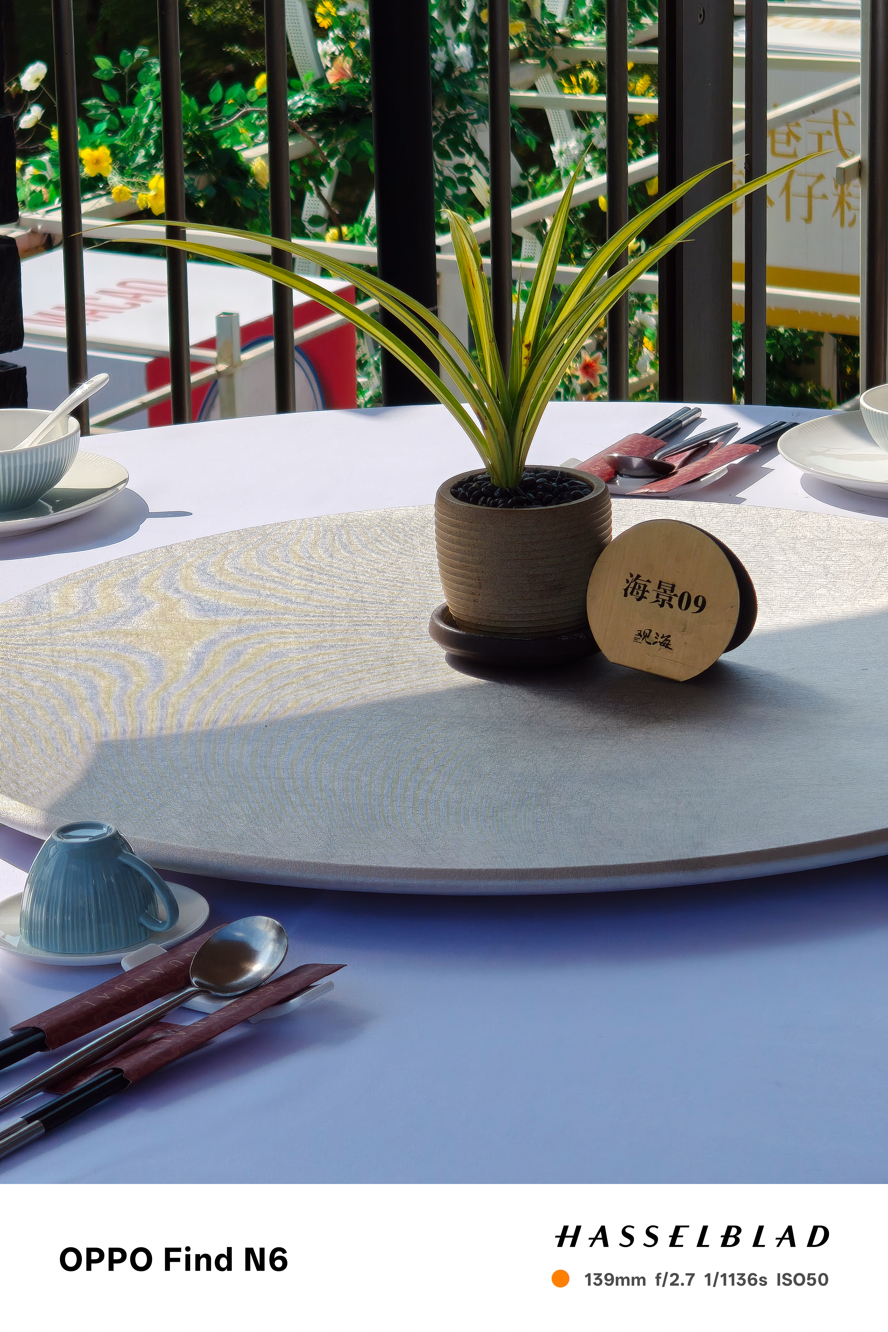 A clean, high-angle shot of a white circular dining table. In the center is a small potted plant with long green and yellow striped leaves, next to a wooden disc marker with Chinese characters. Elegant blue teacups and silver spoons wrapped in dark red napkins are placed around the edge.
