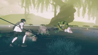 An anime character wielding a spear prepares to charge at a giant green fog in the middle of a misty swamp.
