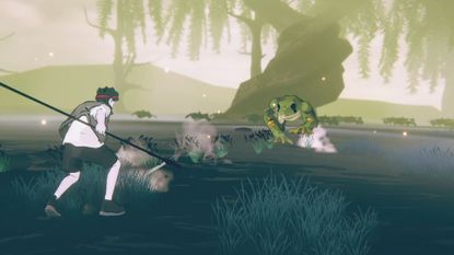 An anime character wielding a spear prepares to charge at a giant green fog in the middle of a misty swamp.