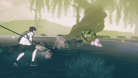 An anime character wielding a spear prepares to charge at a giant green fog in the middle of a misty swamp.