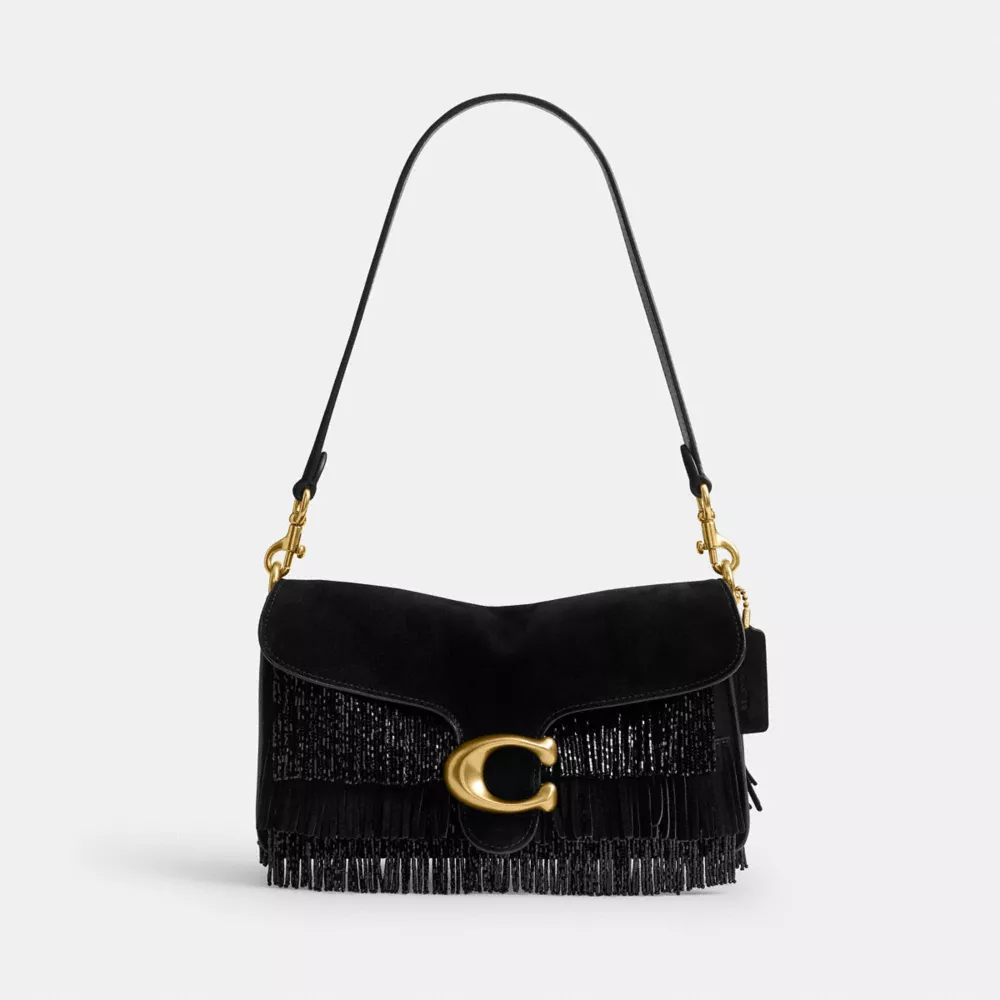 Brass/black Tabby Shoulder Bag 26 With Crystal Beaded Fringe