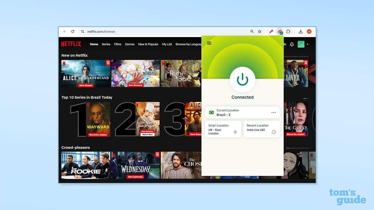 ExpressVPN&#039;s Chrome browser extension, connected to a Brazilian server and unblockign Netflix