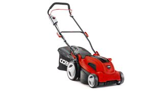 Cobra MX3440V cordless lawn mower in red on white background