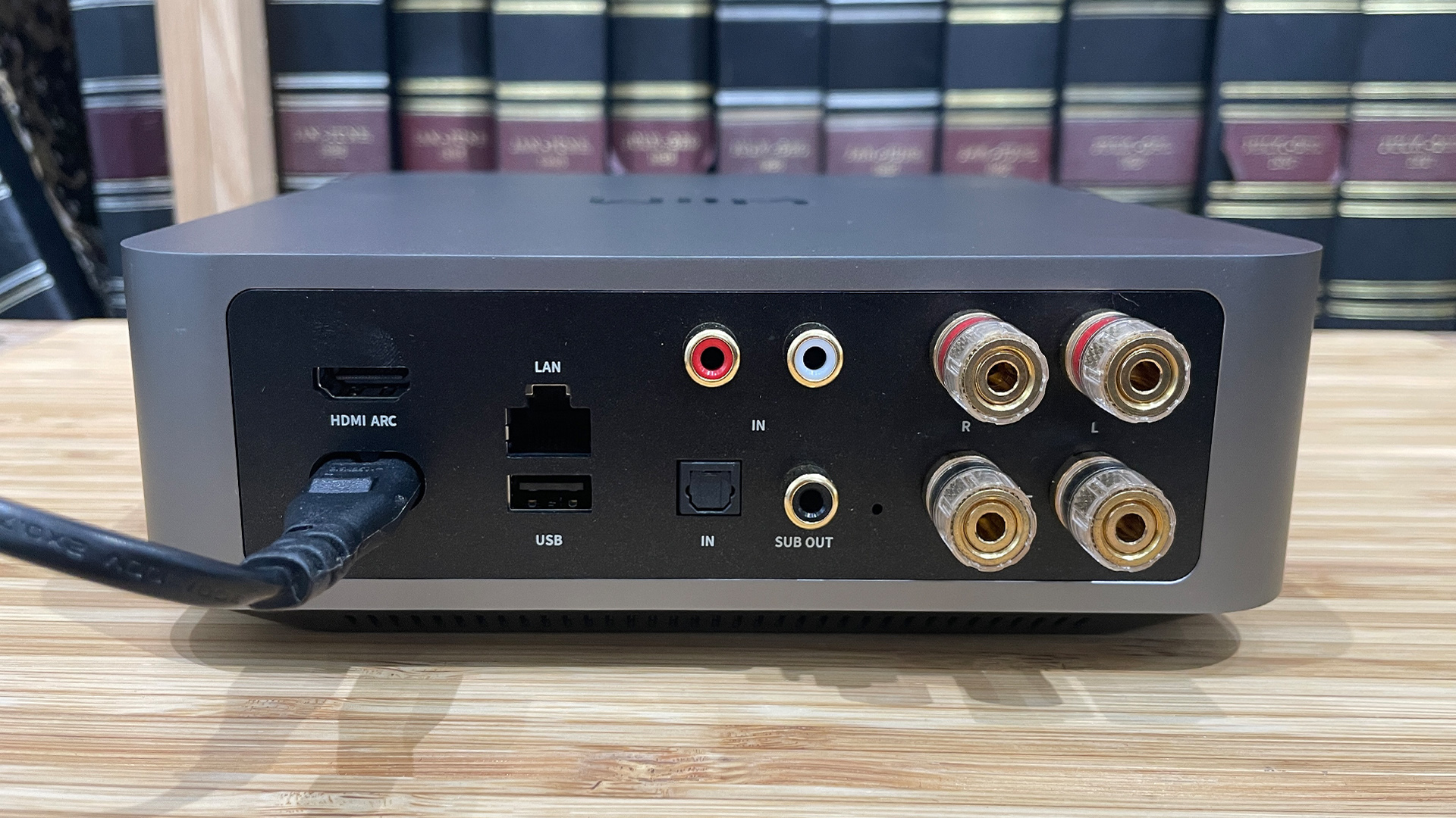 WiiM Amp Pro streaming amplifier on wooden hi-fi rack in front of bookcase showing rear connections