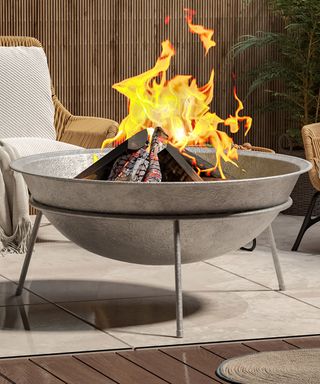 fire pit on patio with furniture