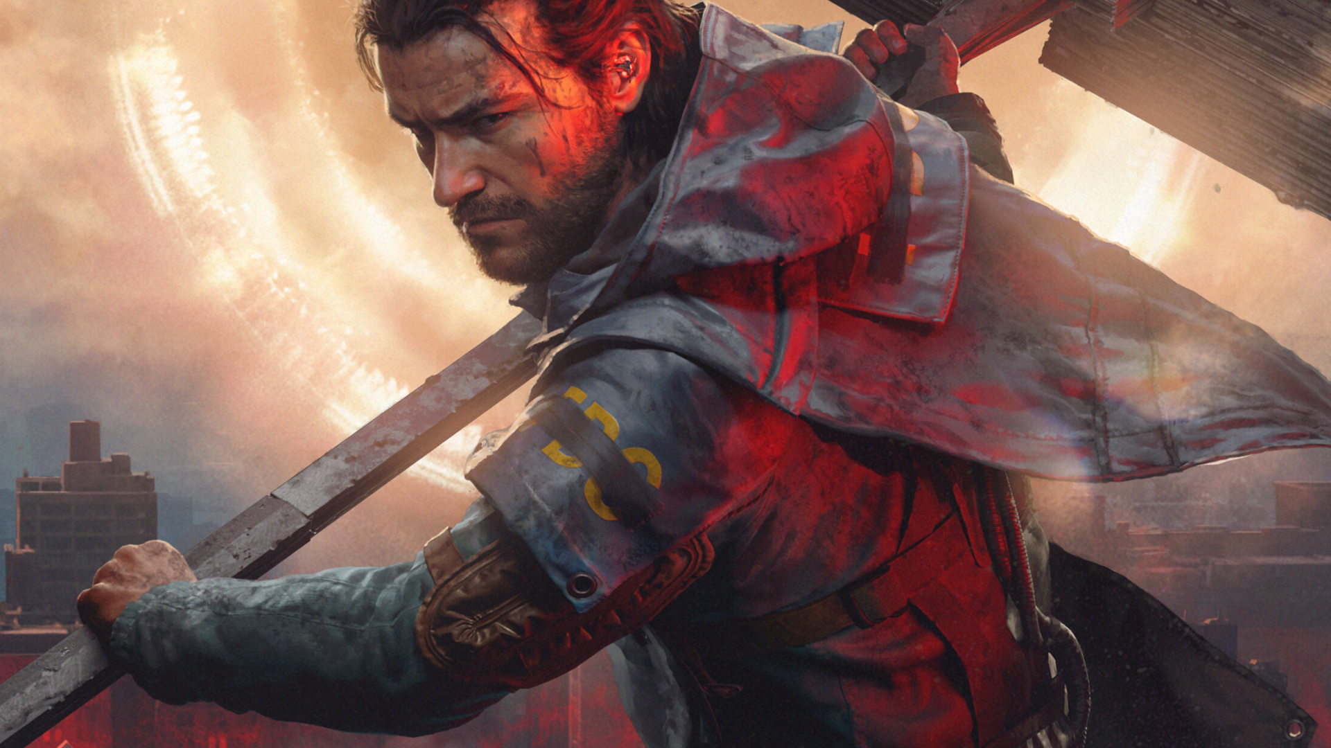 Key art for Control Resonant showing Dylan Faden wielding the Aberrant as a massive granite-like hammer in front of a warped Manhattan