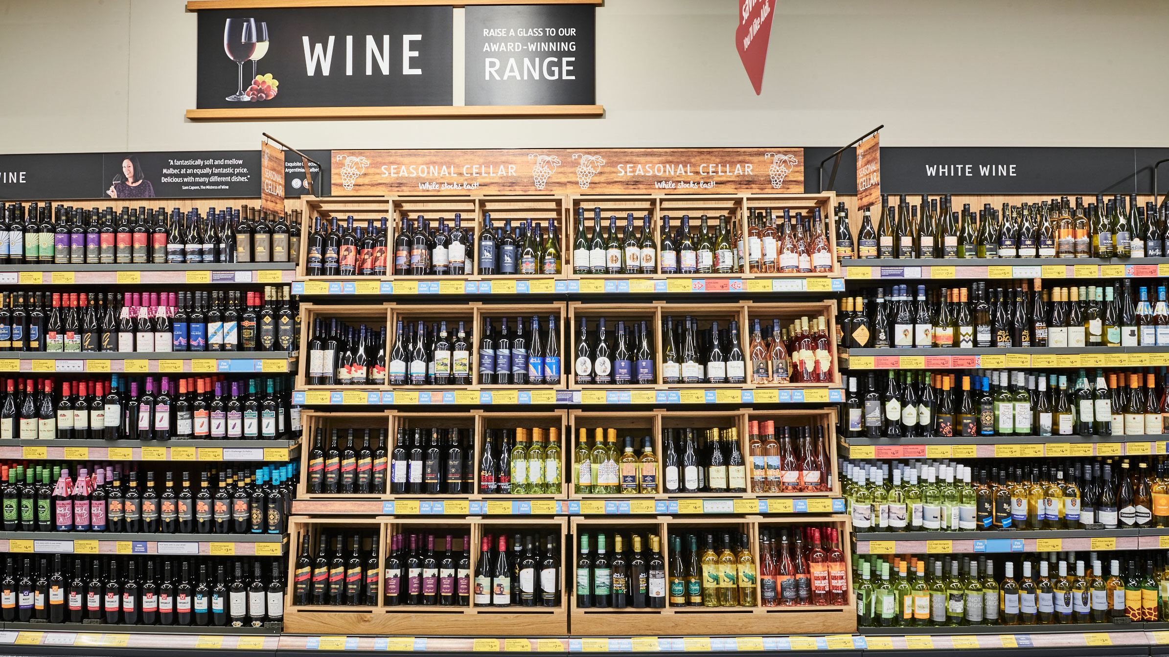Shelves of wine at an Aldi store