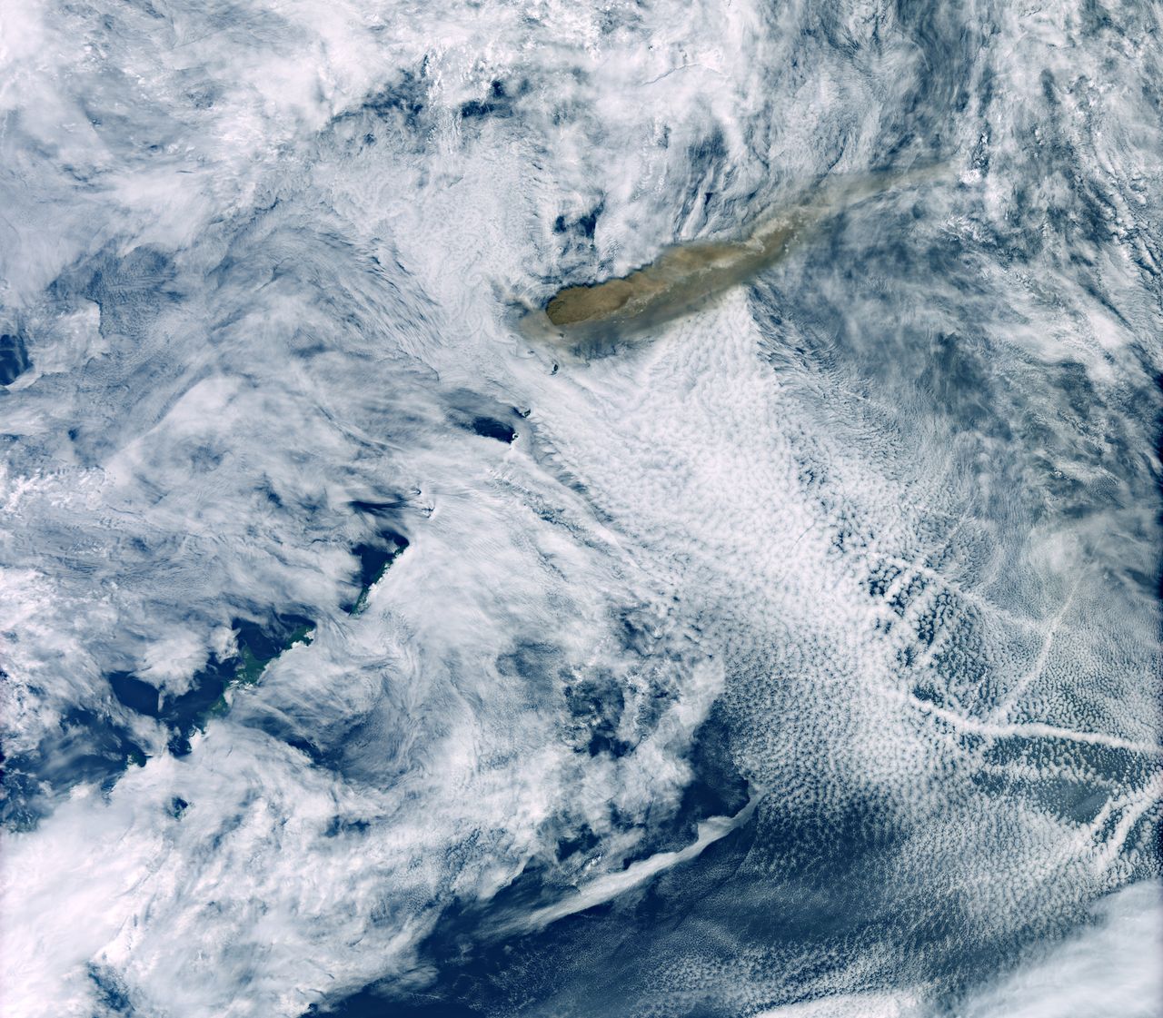 A cloud of ash plumes flows out of the Raikoke volcano in this view from the European Space Agency's Copernicus Sentinel-1 satellite, on June 22, 2019.