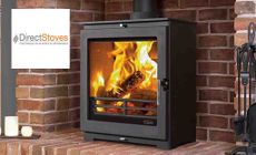 DIrect Stoves logo placed over an image of a log burner