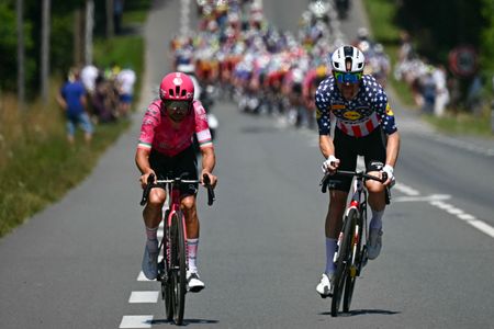 CYCLING-TDF-2025-STAGE 6EF Education - EasyPost team's Irish rider Ben Healy and Lidl - Trek team's US rider Quinn Simmons cycle in a breakaway during the 6th stage of the 112th edition of the Tour de France cycling race, 201.5 km between Bayeux and Vire Normandie, Northwestern France, on July 10, 2025. (Photo by Loic VENANCE / AFP) (Photo by LOIC VENANCE/AFP via Getty Images)