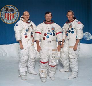 The Apollo 16 crew: Thomas K. Mattingly II, command module pilot; John W. Young, commander; and Charles M. Duke Jr., lunar module pilot.