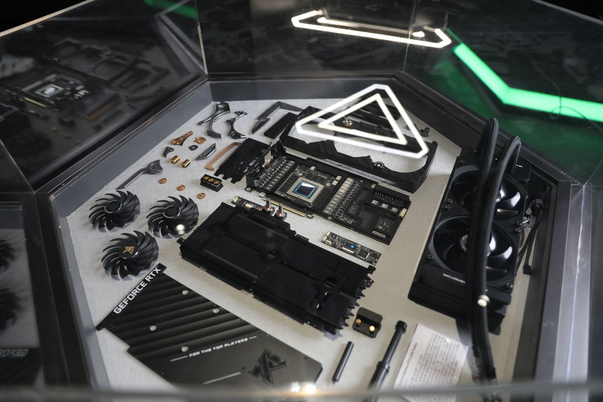 Colorful's GPU museum display with graphics cards from 2000 to 2021