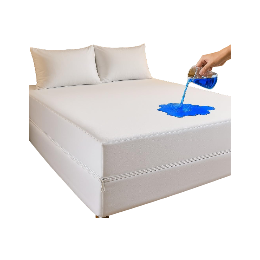 Hand pouring blue liquid over 4AS Waterproof Mattress Protector Double 