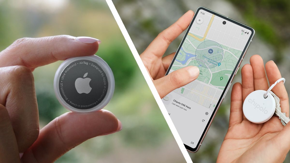 A hand holding an Apple AirTag tracker next to a hand holding an Android phone with a Chipolo tracker for Google&#039;s Find My Device network