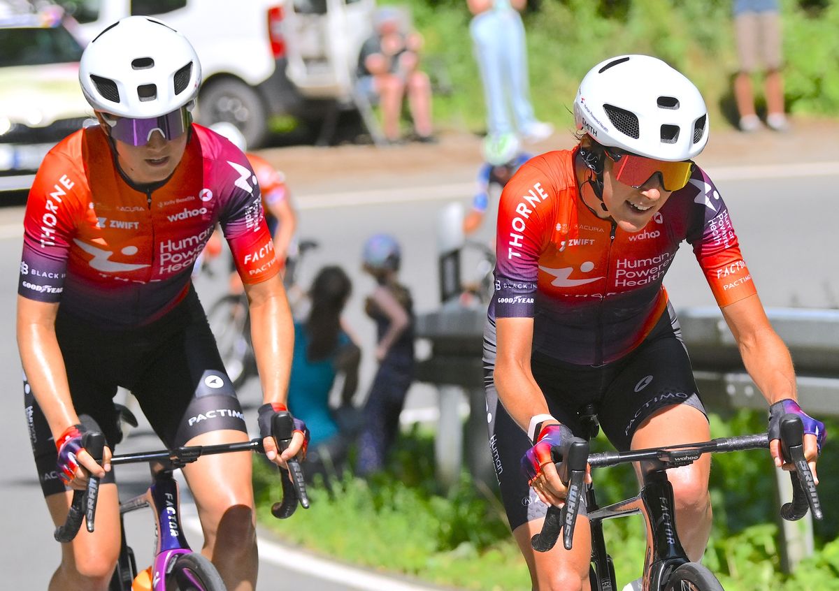 MUHLHAUSEN, GERMANY - JUNE 28: (L-R) Ruth Edwards of The United States and Barbara Malcotti of Italy and Team Human Powered Health compete during the 36th Internationale LOTTO ThÃ¼ringen Ladies Tour 2024, Stage 4 a 111.4km stage from Muhlhausen to Muhlhausen on June 28, 2024 in Muhlhausen, Germany. (Photo by Luc Claessen/Getty Images)