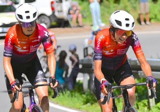 MUHLHAUSEN, GERMANY - JUNE 28: (L-R) Ruth Edwards of The United States and Barbara Malcotti of Italy and Team Human Powered Health compete during the 36th Internationale LOTTO ThÃ¼ringen Ladies Tour 2024, Stage 4 a 111.4km stage from Muhlhausen to Muhlhausen on June 28, 2024 in Muhlhausen, Germany. (Photo by Luc Claessen/Getty Images)