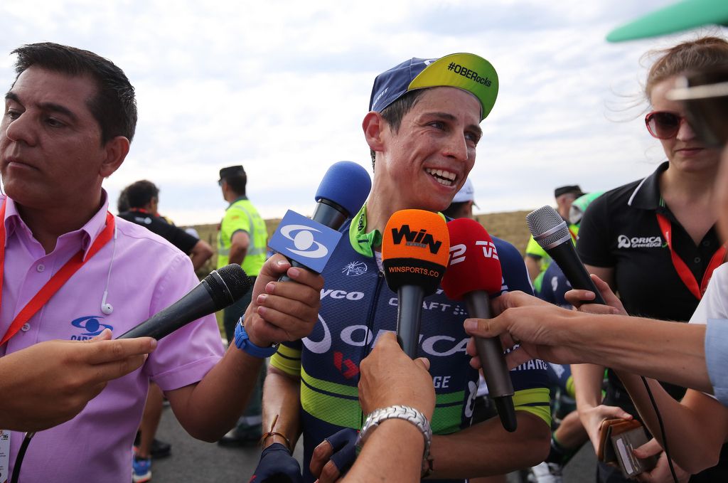 Esteban Chaves (Orica-BikeExchange) with the press after the stage