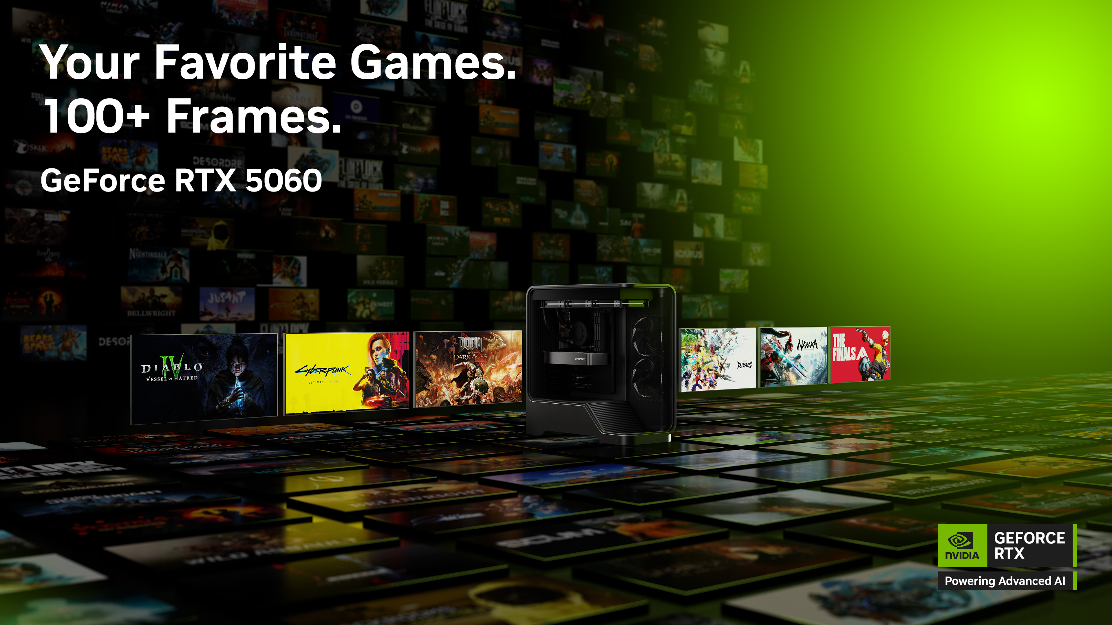 Nvidia RTX 5060 desktop against a background of game titles that feature DLSS 4 support for frame generation.