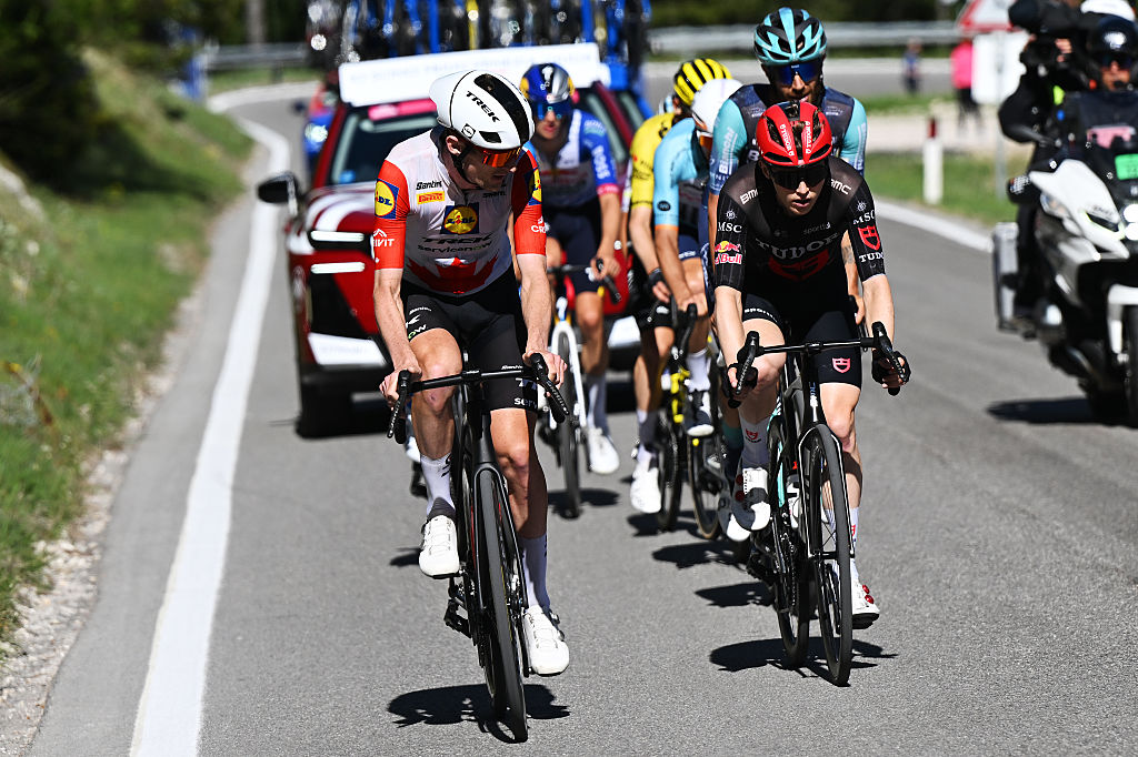 ALLEGHE, ITALY - MAY 29: (L-R) Derek Gee-West of Canada and Team Lidl - Trek and Michael Storer of Australia and Team Tudor Pro Cycling compete in the breakaway climbing to the Passo Falzarego (2102m) during the 109th Giro d&amp;amp;apos;Italia 2026, Stage 19 a 151km stage from Feltre to Alleghe - Piani di Pezze 1467m / #UCIWT / on May 29, 2026 in Alleghe, Italy. (Photo by Dario Belingheri/Getty Images)