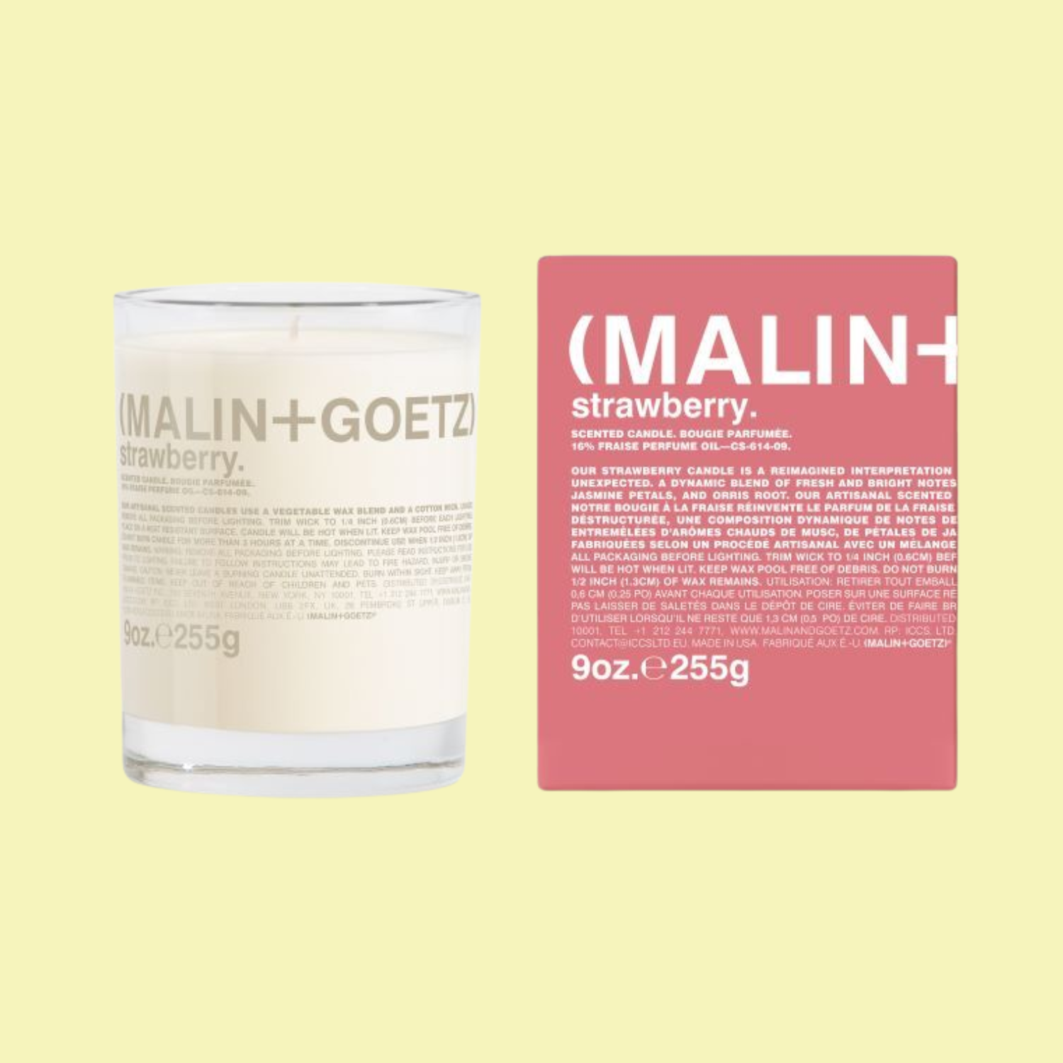 A strawberry-scented glass candle