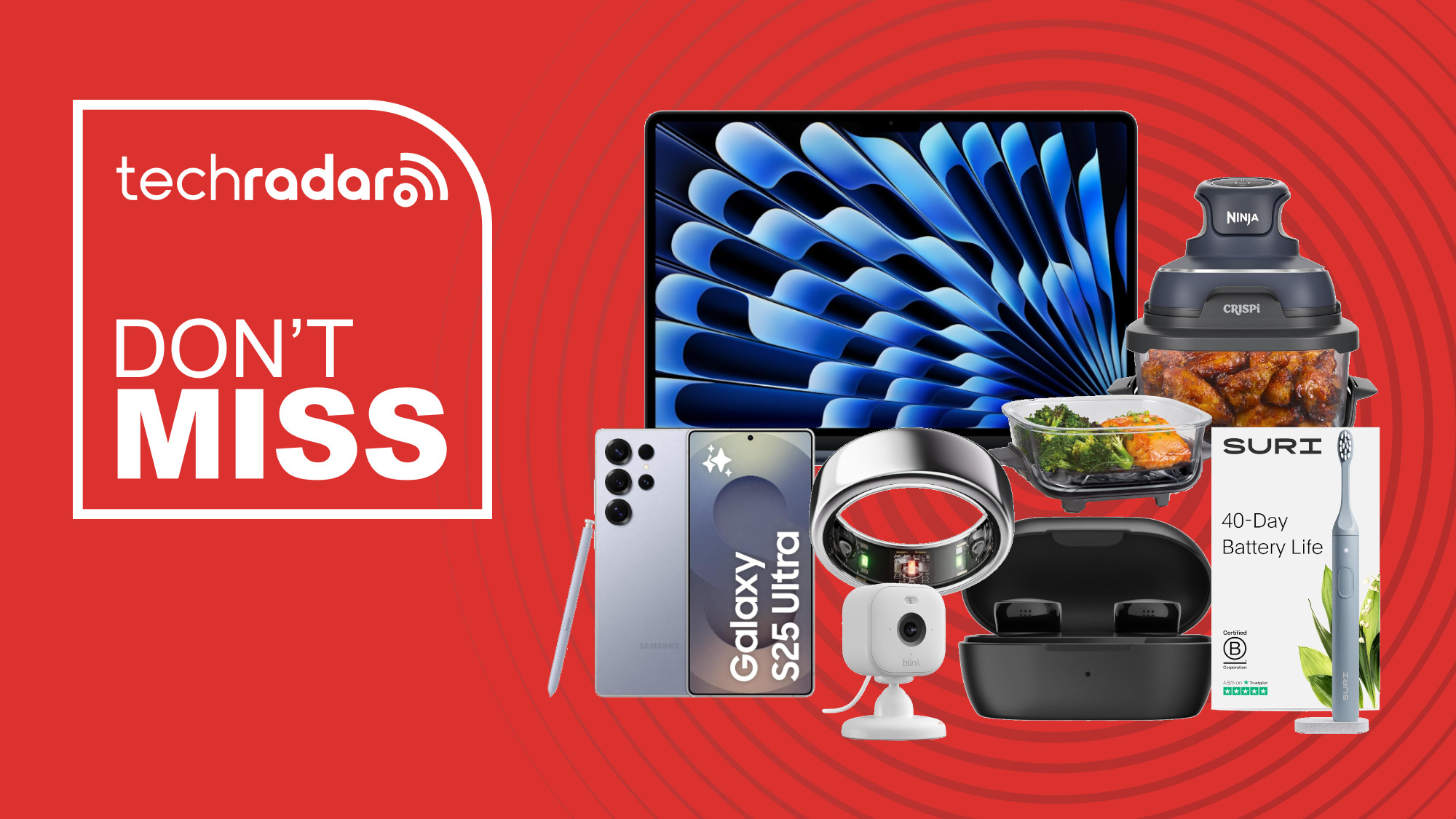 A collage of tech on sale at Amazon UK, including a MacBook Air, Ninja air fryer, Samsung Galaxy S25 Ultra phone, Oura Ring 3, Bose earbuds and Blink camera on a red background.