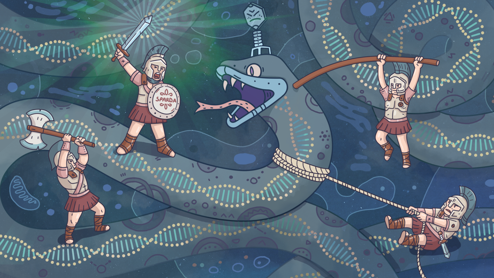Artist illustration of four men in Roman armor fighting a snake-like creature. One of the warriors shields says "SPARDA"