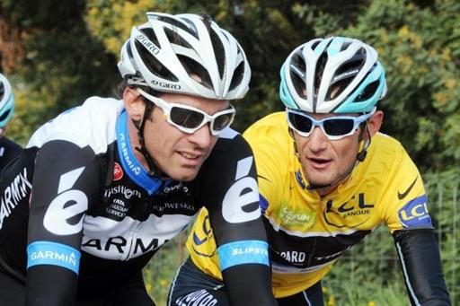 David Millar (Garmin-Cervelo) and Fr&auml;nk Schleck (Leopard Trek) chat during the 75km stage