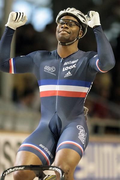 Gregory Bauge (France) celebrates his victory in the men's sprint competition.