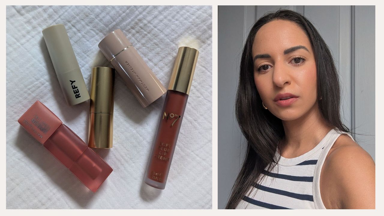 a flat lay of the best Blurring Lipsticks chosen by Jazzria Harris, who&#039;s seen here wearing one of them