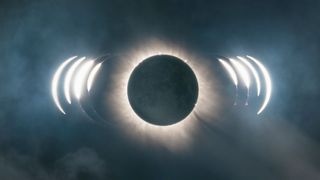 A composite image showing nine stages of a total solar eclipse with totality shown in the middle.